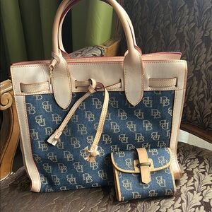 Dooney & Bourke Blue and Tan Tote Bag with Gold Hardware - Rare find!